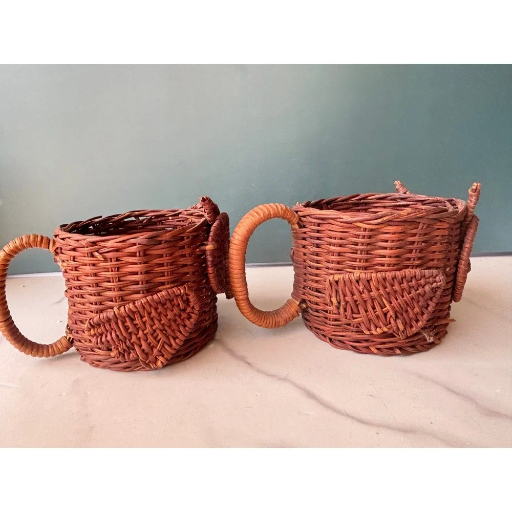 Vintage Owl Wicker Basket Cups Set of 2 Brown Woven Boho Storage Handles